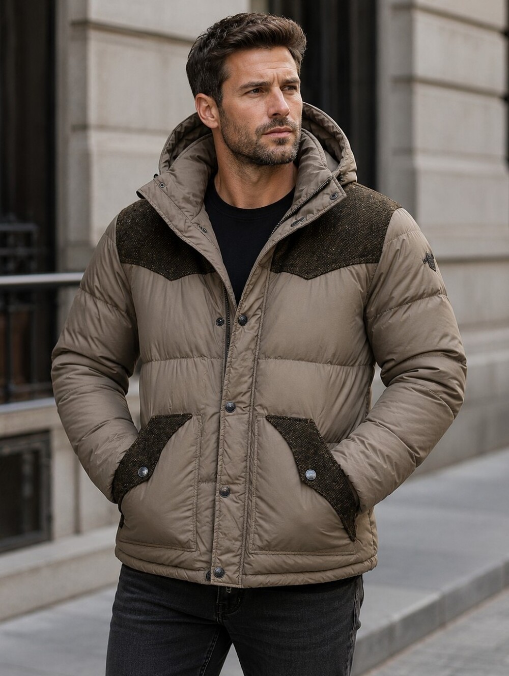 True Religion Olive Wool Contrast Down Puffer Jacket Men’s L NWT